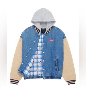 Teddy Fresh Blue Denim & Tan Sleeve Bomber Jacket with Gray Hood
